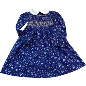 Polly Flinders Girls Dress Size 6 Smocked Floral Blue Cotton Long‎ Sleeve